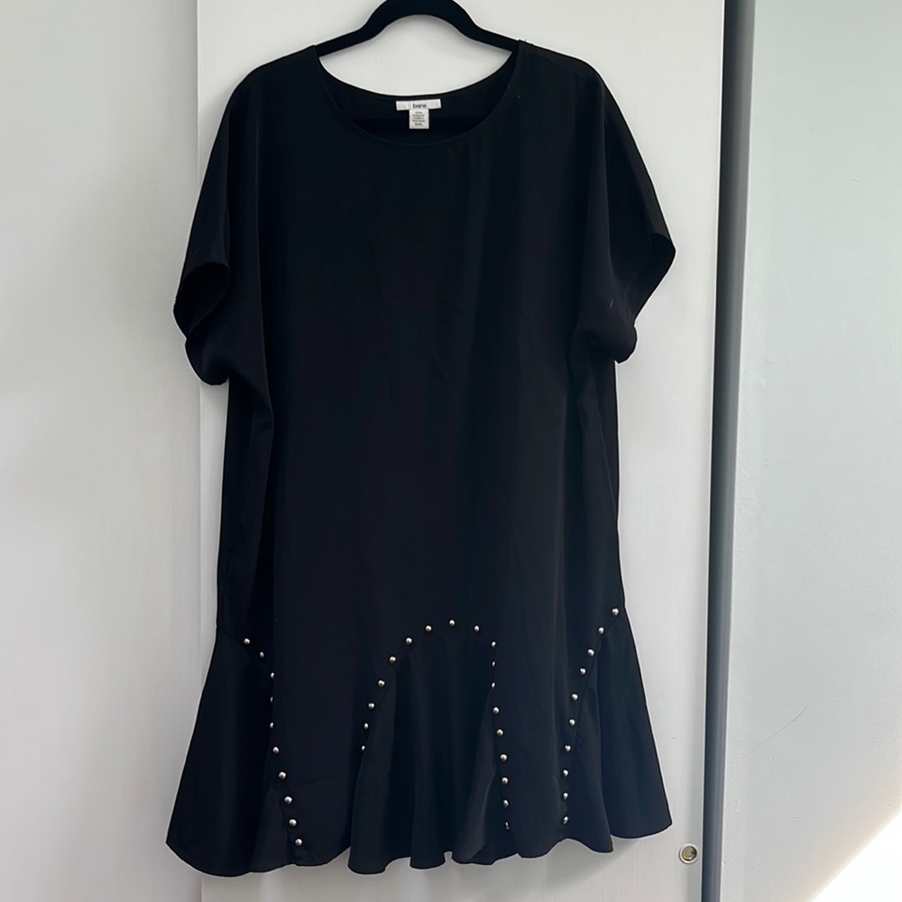 Bar III Women’s Studded Jewel Neck Casual Flounce Dress
